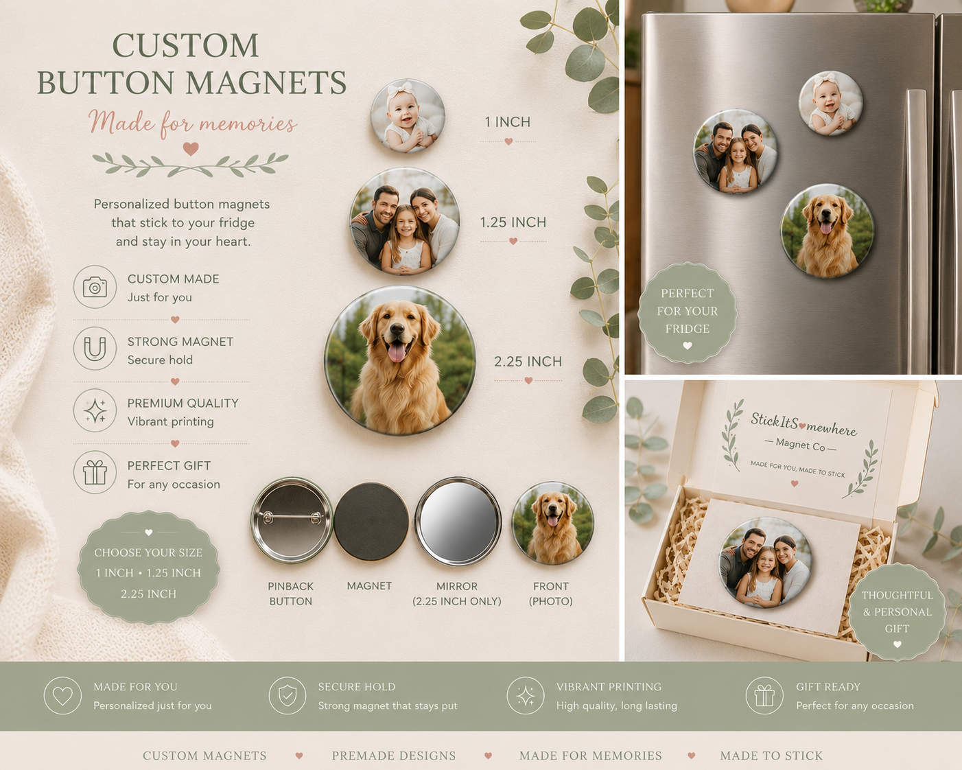 Custom button magnets in 3 sizes - personalized photo keepsakes by StickItSomewhere Magnet Co.