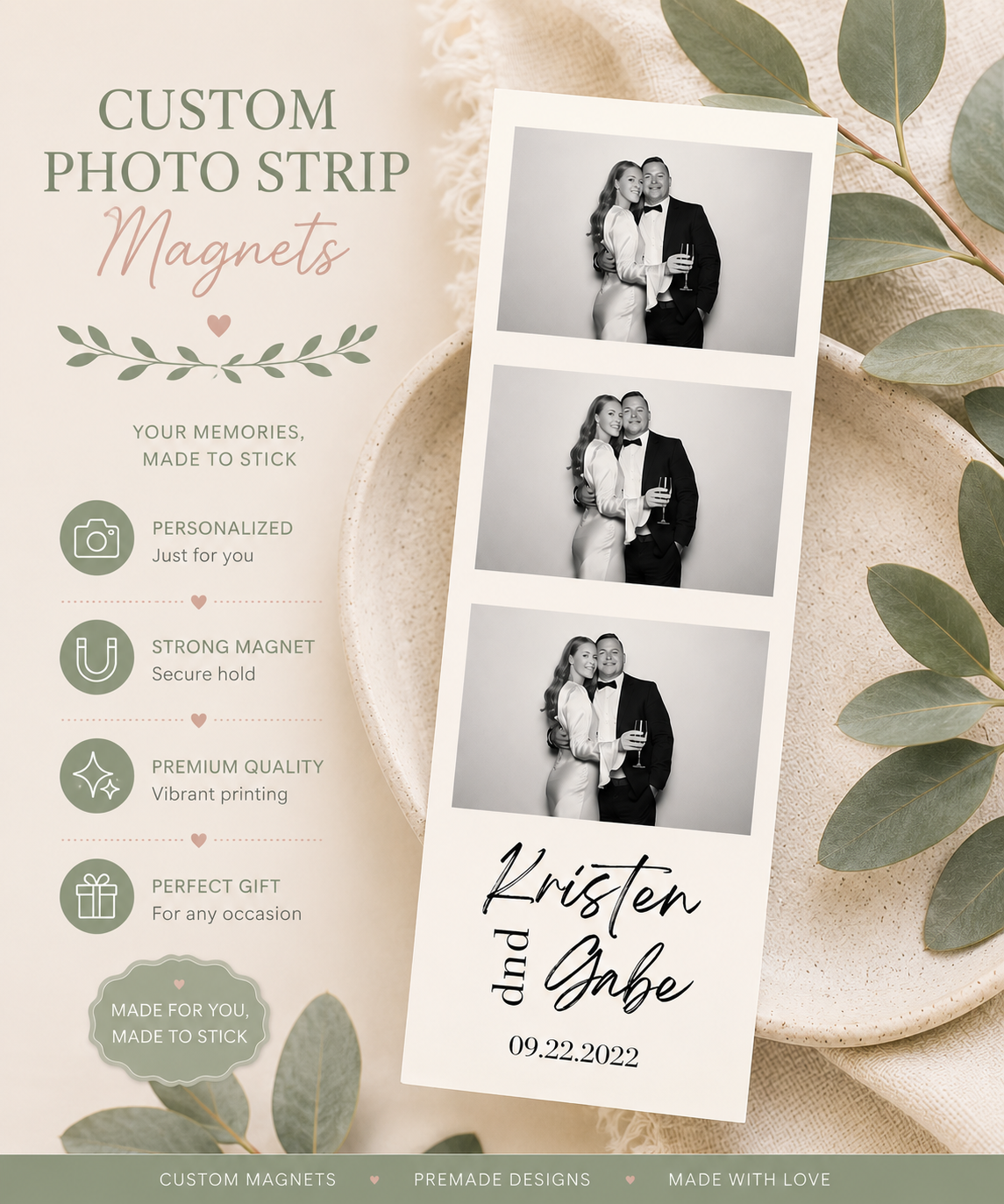 Custom photo strip magnet personalized with photos, names and date by StickItSomewhere Magnet Co.